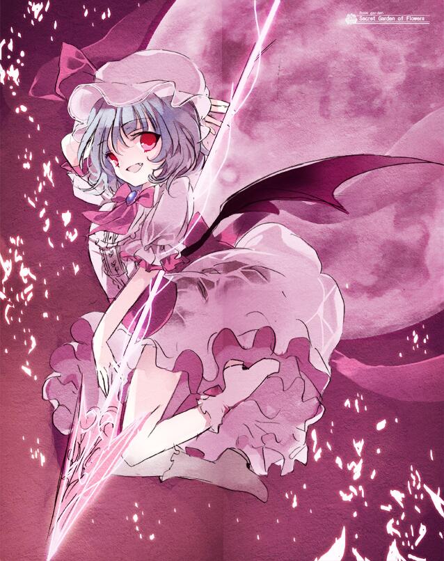 bad_id bad_twitter_id bat_wings blue_hair boots bow cierra_(ra-bit) dress fang frilled_dress frills full_moon hat hat_ribbon jewelry looking_at_viewer mob_cap moon night pink_dress puffy_sleeves red_background red_eyes red_moon remilia_scarlet ribbon sash short_hair short_sleeves smile solo spear_the_gungnir touhou wings