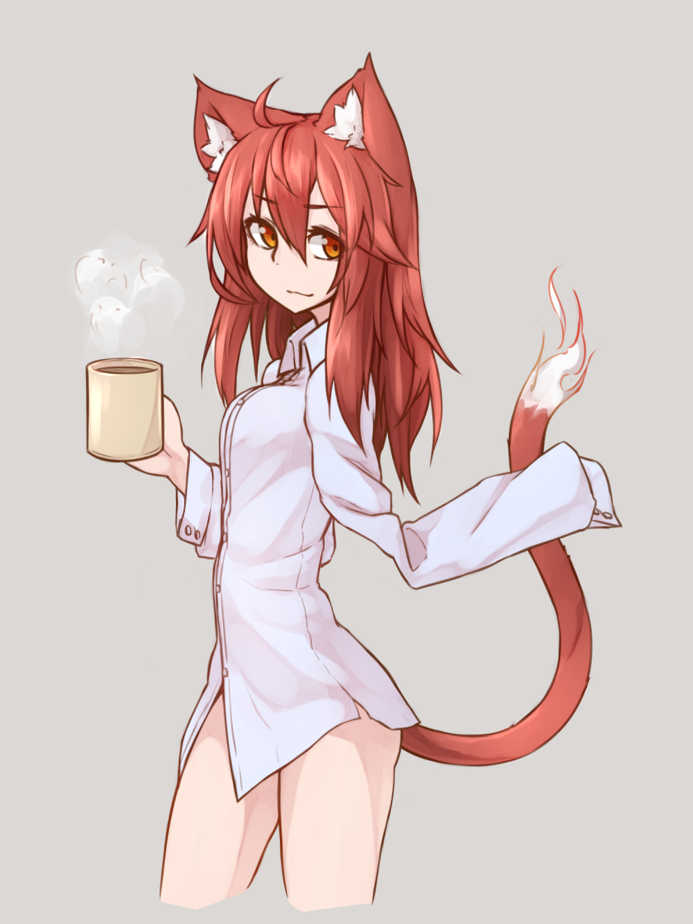 1girl amputee animal_ears cat_ears cat_tail cup female grey_background messy_hair mug no_pants original red_hair ryota_tentei simple_background solo tail