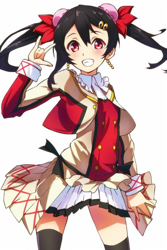 \m/ bangs black_hair black_legwear bun_cover cowboy_shot cropped_jacket double-breasted earrings frilled_shirt_collar frills grin hair_between_eyes hair_ornament hairclip jewelry long_hair long_sleeves looking_at_viewer love_live! love_live!_school_idol_project pleated_skirt red_eyes simple_background skirt smile solo sore_wa_bokutachi_no_kiseki thighhighs twintails white_background yazawa_nico ytk_(yutta-p)