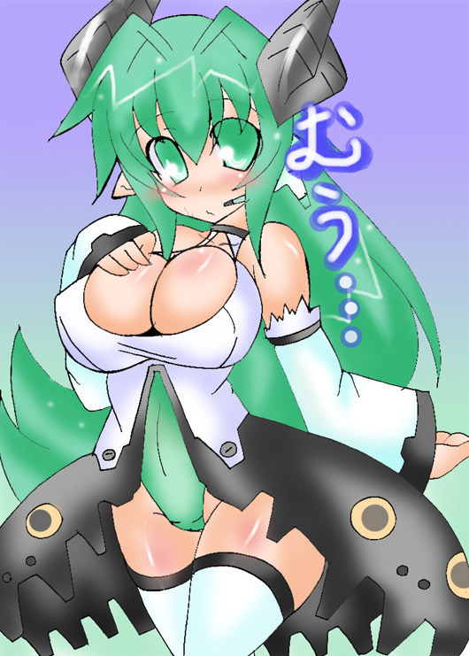 1girl bare_shoulders breasts cleavage demon_girl detached_sleeves female green_eyes green_hair highleg horns large_breasts legwear long_hair natsumaru natsumaru_(berudesan) original pointy_ears skirt solo standing succubus thighhighs verude_(natsumaru) walking white_legwear white_thighhighs