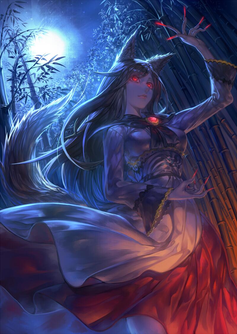 animal_ears aritoki_ritsu arm_up backlighting bamboo bamboo_forest brown_hair claws darkness dress embellished_costume fingernails forest from_below full_moon fur glowing glowing_eyes imaizumi_kagerou jewelry lips long_fingernails long_hair long_sleeves moon moonlight nail_polish nature night red_eyes scenery solo tail touhou white_dress wide_sleeves wolf_ears wolf_tail