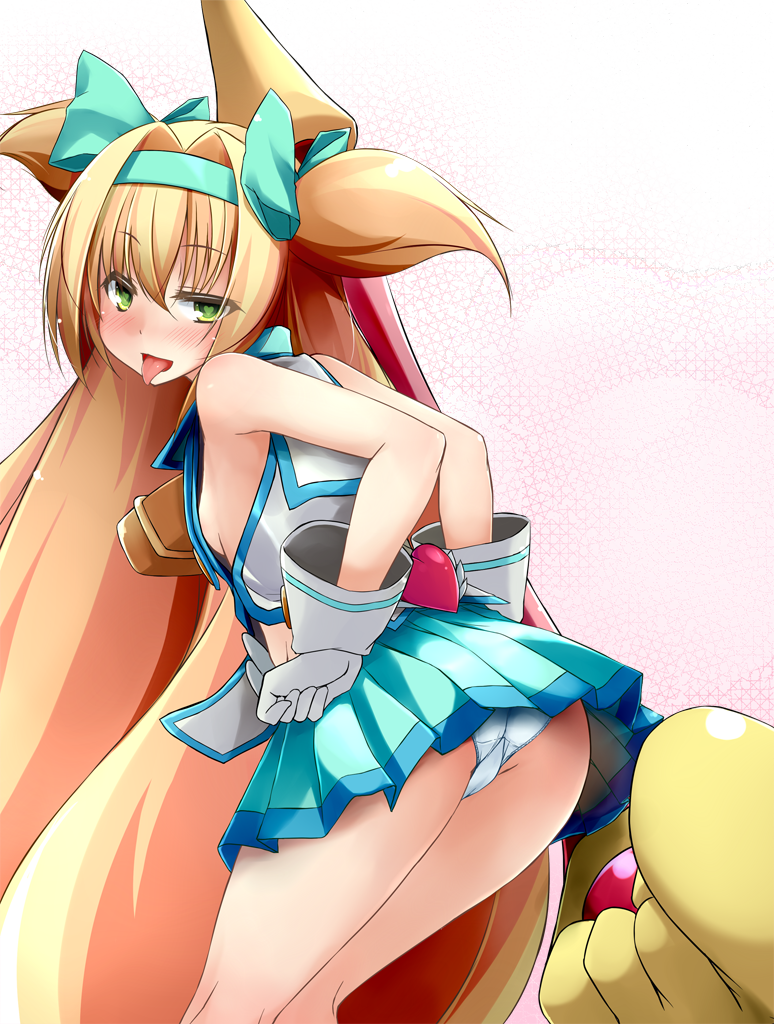 ass blazblue blonde_hair blue_skirt blush bow breasts dd_mayohara flat_chest gloves green_eyes hair_bow hairband heart heart-shaped_pupils long_hair looking_back miniskirt muchourin naughty_face panties platinum_the_trinity sideboob skirt solo symbol-shaped_pupils tongue two_side_up underwear very_long_hair white_panties