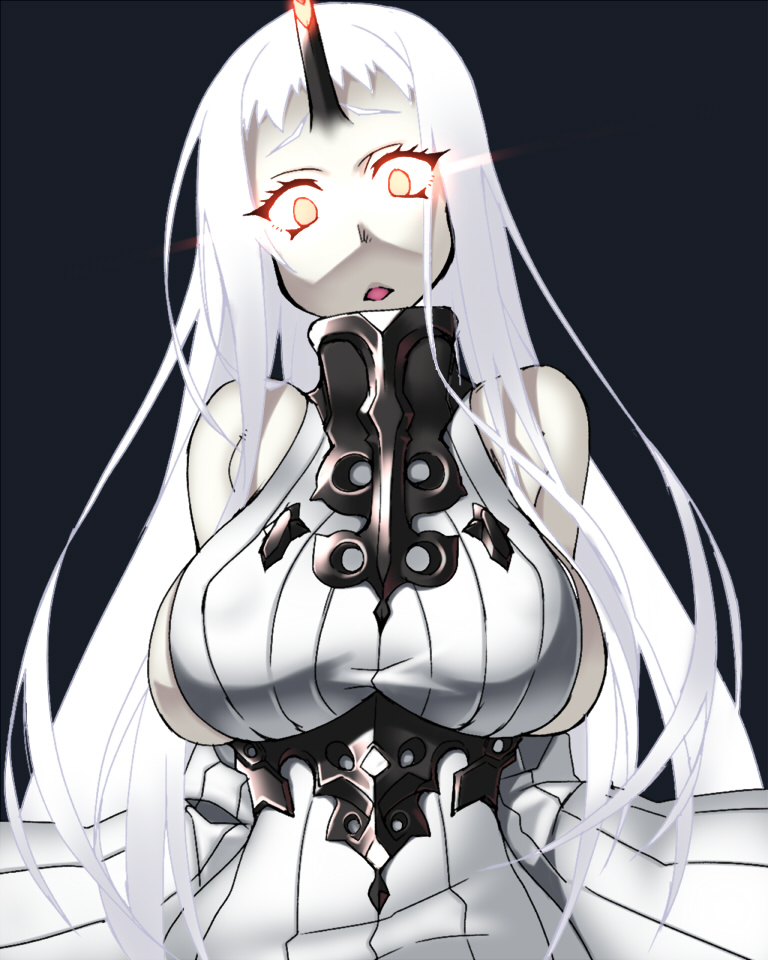 bare_shoulders breasts detached_sleeves dress gaien glowing glowing_eyes horn kantai_collection large_breasts long_hair red_eyes ribbed_dress seaport_hime shinkaisei-kan sideboob solo very_long_hair white_hair white_skin