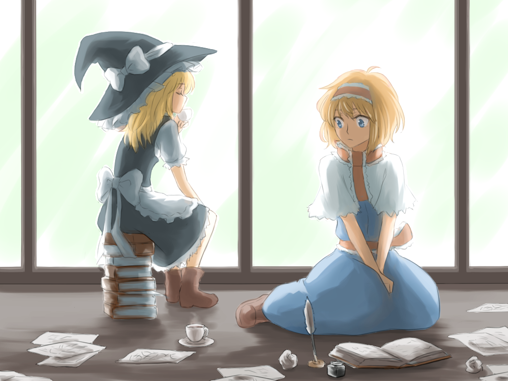 alice_margatroid ankle_boots apron backlighting blonde_hair blue_eyes book book_stack boots capelet closed_eyes crumpled_paper cup dress hairband hat hat_ribbon indoors inkwell kirisame_marisa light_frown lolita_hairband long_hair looking_away multiple_girls nip_to_chip open_book paper profile quill ribbon sash saucer short_hair sitting sitting_on_object skirt skirt_set steam teacup touhou waist_apron window witch_hat