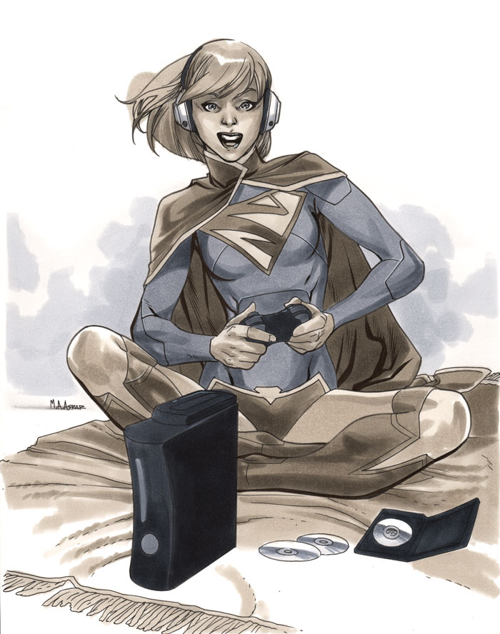 1girl alien blonde_hair cape controller dc_comics disk game headphones indian_style kryptonian leotard red_cape rug s_shield sitting solo supergirl superman_(series)