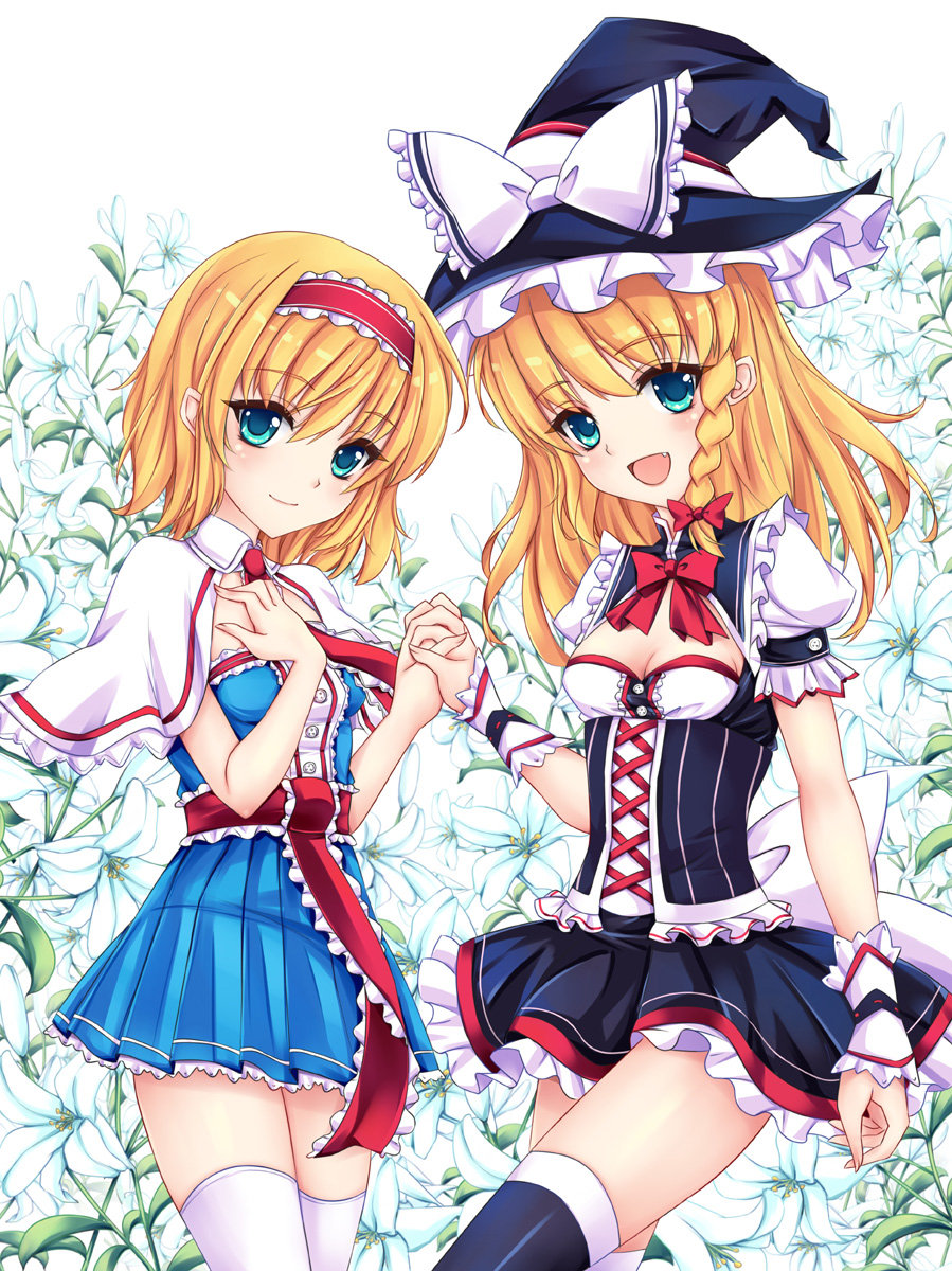 adapted_costume alice_margatroid black_dress black_legwear blonde_hair blue_dress blue_eyes bow braid breasts capelet cleavage dress fang flower fred0092 hairband hat hat_bow highres holding_hands interlocked_fingers kirisame_marisa lolita_hairband looking_at_viewer multiple_girls open_mouth sash single_braid small_breasts smile thighhighs touhou white_bow white_legwear witch_hat wrist_cuffs zettai_ryouiki