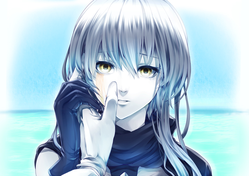 admiral_(kantai_collection) bangs blood blood_on_face blue_background blue_gloves blue_scarf blue_sky blurry day eyelashes gloves hair_between_eyes hand_on_another's_face holding_hand horizon kantai_collection long_hair looking_at_viewer ocean olmatown out_of_frame outdoors pale_skin parted_lips portrait pov pov_hands scarf shinkaisei-kan silver_hair sky solo_focus tears white_gloves wo-class_aircraft_carrier yellow_eyes