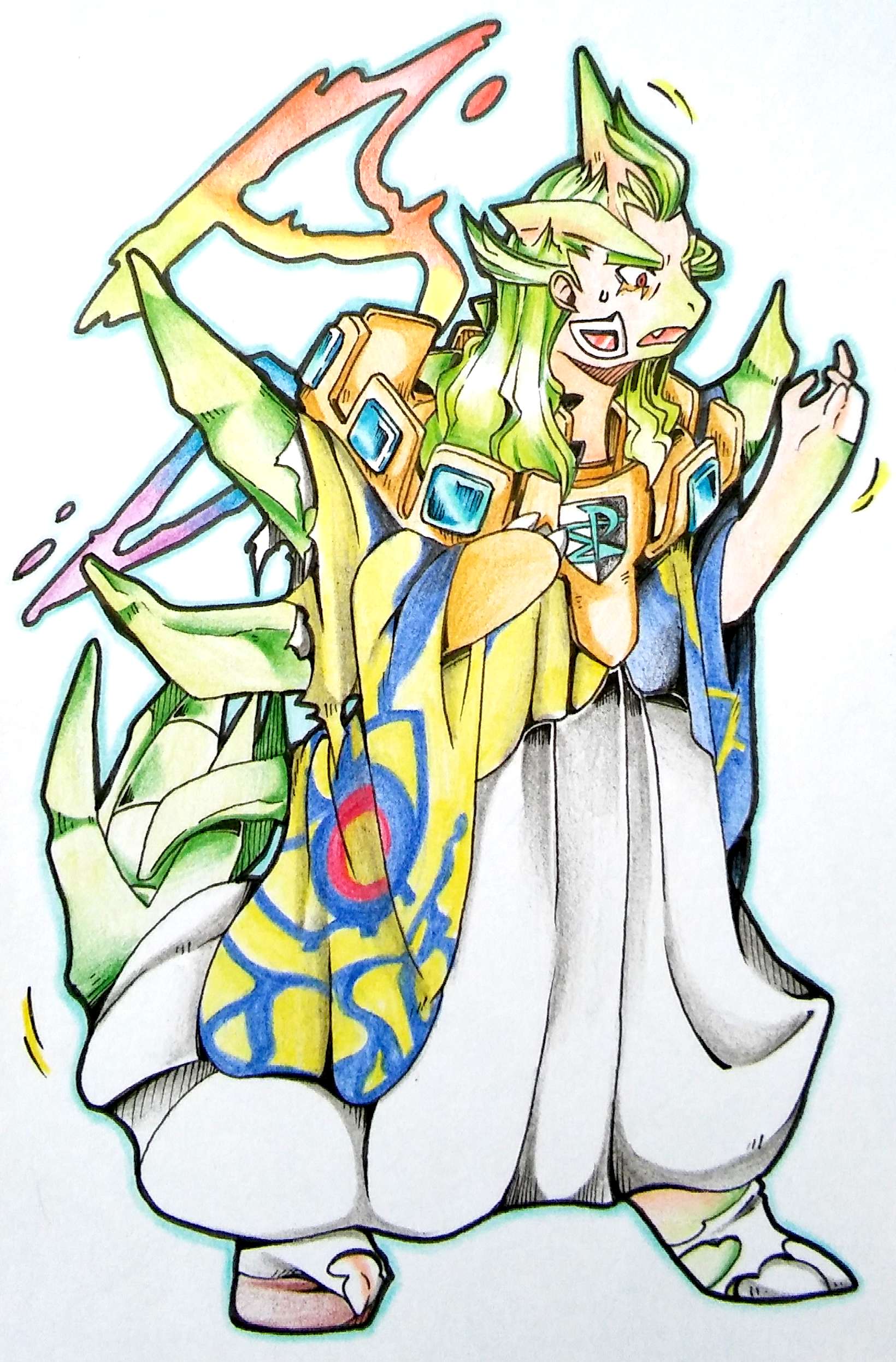 2017 2_toes 3_fingers 4_fingers absurd_res ahoge cape claws clothing crest double_helix eye_scar eyebrows facial_scar fangs fezmangaka footwear frown full-length_portrait fused_fingers ghetsis gold_(metal) gold_jewelry green_body green_hair green_tail hair hi_res human human_to_anthro jewelry legwear light_skin logo looking_at_hand looking_at_self male mammal mega_tyranitar motion_lines nintendo open_frown open_mouth orange_eyes outline pok&eacute;mon pok&eacute;mon_(species) portrait reptile robe sandals scalie scar shocked shoes simple_background snout socks solo species_transformation spikes standing surprise sweat sweatdrop tail_growth tan_skin team_plasma toe_claws toes torn_clothing traditional_media_(artwork) transformation video_games white_background white_claws