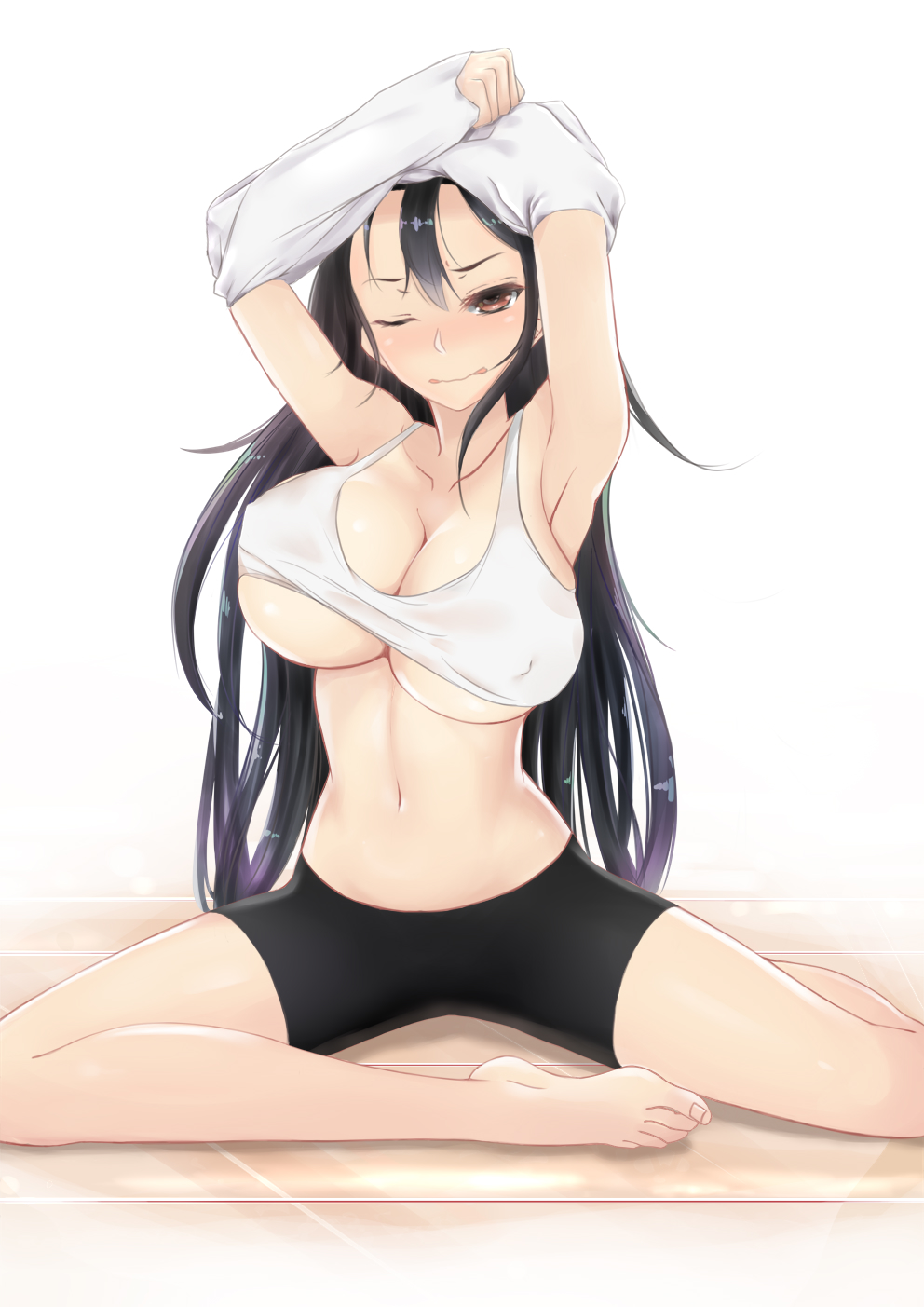 1girl barefoot black_hair black_shorts blush bra breasts brown_eyes closed_mouth covered_nipples hair_between_eyes highres huge_breasts liangfen232 lifted_by_self long_hair navel nose_blush one_eye_closed original shirt shirt_lift shorts sitting solo sports_bra underwear undressing very_long_hair wavy_mouth white_bra white_shirt