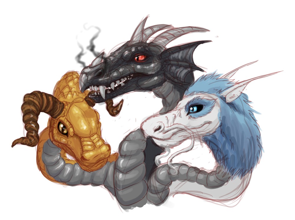 black_dragon black_scales blue_eyes chinese_dragon conjoined dragon gold_scales hair horn hydra mane multi_head open_mouth plain_background red_eyes reptile scalie tongue western_dragon white_scales yellow_dragon yellow_eyes
