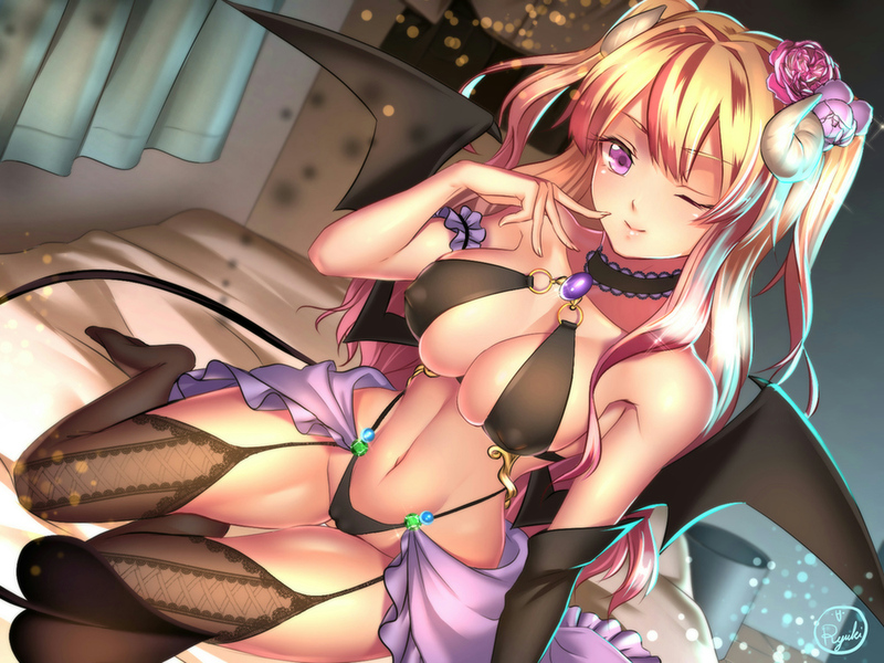 ;) black_legwear black_panties blonde_hair breasts cameltoe choker closed_mouth covered_nipples demon_girl demon_horns demon_tail dutch_angle finger_to_mouth flower garter_straps gradient_hair hair_flower hair_ornament highleg highleg_panties horns indoors large_breasts legs long_hair looking_at_viewer multicolored_hair naughty_face navel on_bed one_eye_closed original panties pink_hair purple_eyes ryuki@maguro-ex skindentation smile solo succubus tail thighhighs thighs two_side_up underwear