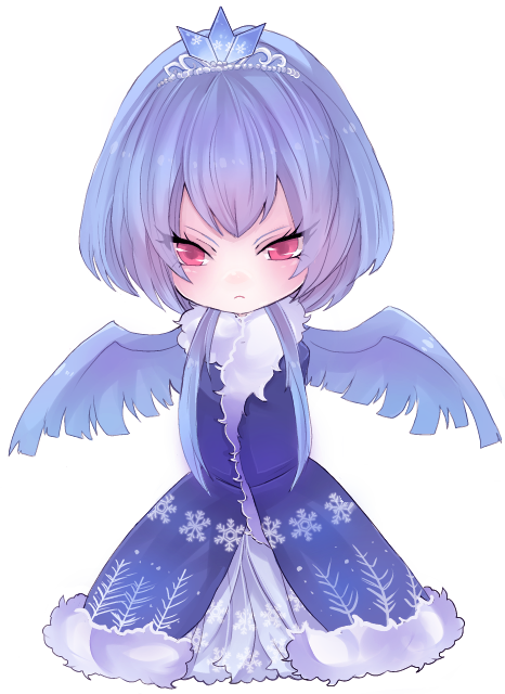 articuno asame21 blue_dress blue_hair blue_wings blush dress feathered_wings frown full_body gen_1_pokemon legendary_pokemon personification pokemon red_eyes solo tiara white_background wings winter_clothes