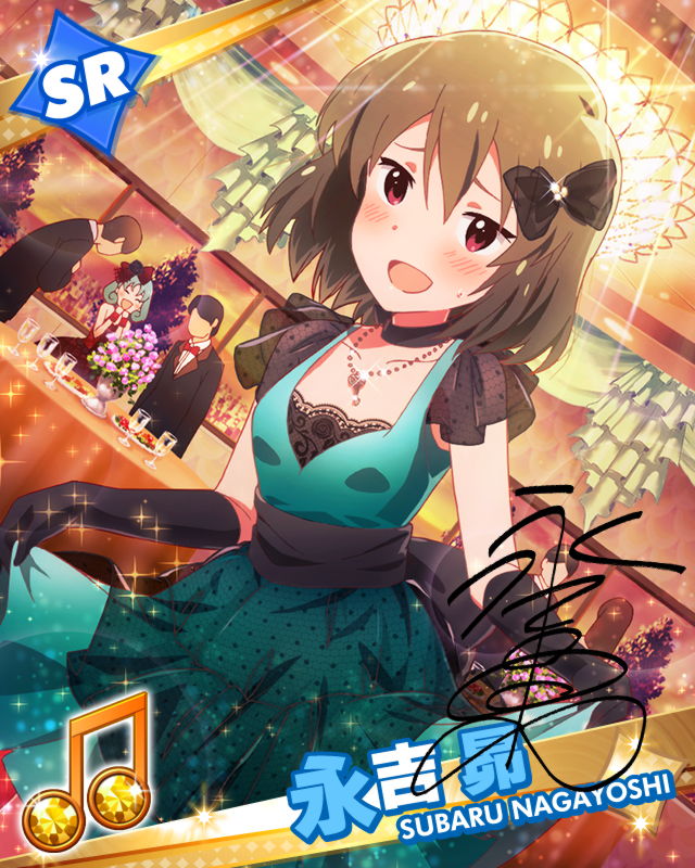 2girls artist_request beamed_eighth_notes blush brown_hair card_(medium) character_name character_signature closed_eyes dress formal gloves idolmaster idolmaster_million_live! jewelry multiple_boys multiple_girls musical_note nagayoshi_subaru necklace official_art tokugawa_matsuri