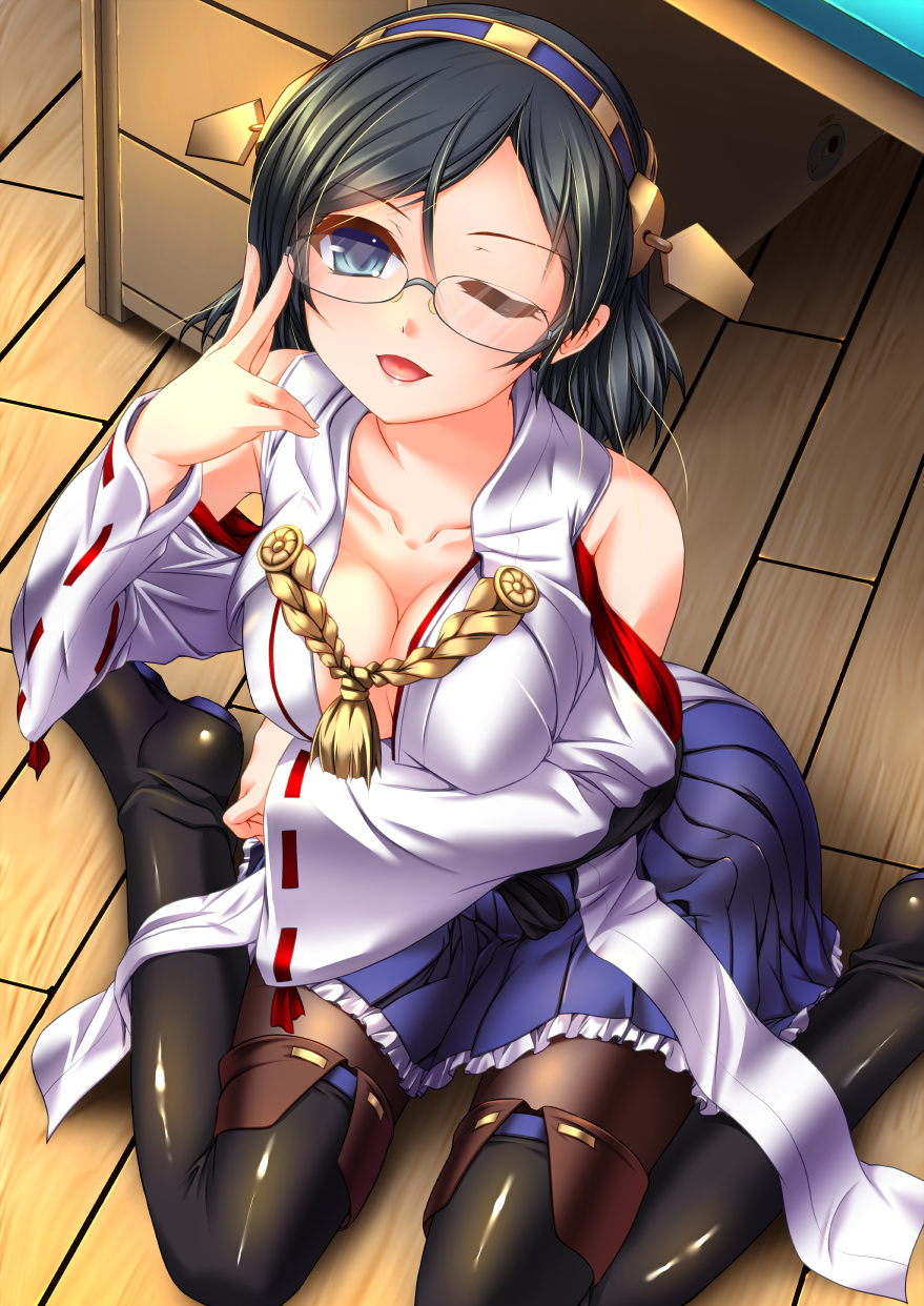 adjusting_eyewear akatsuki_shimeji bare_shoulders black_hair black_legwear blue_eyes blush boots breasts cleavage detached_sleeves glasses hairband highres japanese_clothes kantai_collection kirishima_(kantai_collection) large_breasts looking_at_viewer nontraditional_miko one_eye_closed open_mouth pantyhose short_hair sitting skirt smile solo thigh_boots thighhighs wariza