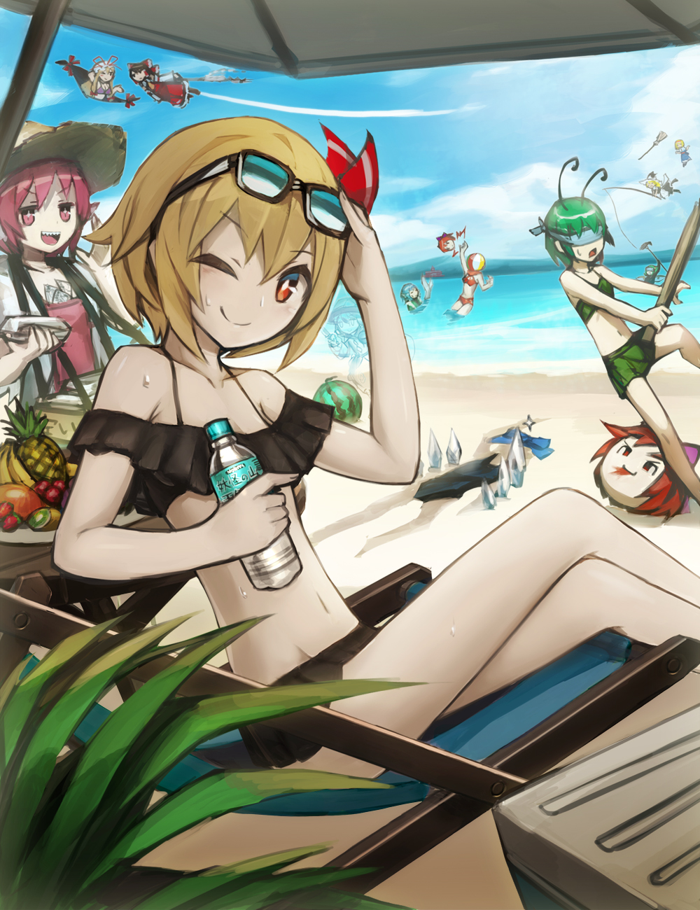 +_+ 6+girls :d ;) alice_margatroid apron arm_up ascot ball banana bangs bare_arms bare_legs bare_shoulders beach beach_chair beach_umbrella beachball bikini blindfold blonde_hair blood blue_hair blue_sky bow broom brown_hair capelet chair cirno closed_mouth cloud daiyousei day detached_sleeves disembodied_head dress eyeball eyebrows_visible_through_hair eyes_closed eyewear_on_head fairy_wings falling fish fishing fishing_line fishing_rod floating food fruit gap goggles gohei green_hair hair_bow hair_ribbon hair_tubes hakurei_reimu hand_on_own_head hand_up hat hat_ribbon head_fins highres holding holding_fishing_rod holding_knife horizon ice invisible japanese_clothes kirisame_marisa kiwifruit knife komeiji_koishi lake long_hair looking_at_another looking_at_viewer medium_hair mermaid miko mob_cap money monster_girl multiple_girls mystia_lorelei navel nontraditional_miko one_eye_closed open_mouth outdoors pineapple pink_eyes pink_hair pointy_ears red_bow red_eyes red_hair red_ribbon red_shirt red_skirt ribbon ribbon-trimmed_sleeves ribbon_trim rumia sand sekibanki shade sharp_teeth shirt short_hair sidelocks sitting skirt skirt_set sky smile spark621 spikes spitting spitting_blood standing stomach straw_hat suikawari summer sunglasses sweat swimming swimsuit table teeth third_eye touhou tripping umbrella upper_teeth v-shaped_eyebrows waist_apron wakasagihime water watermelon wide_sleeves wings witch_hat wriggle_nightbug yakumo_yukari yellow_neckwear yukkuri_shiteitte_ne