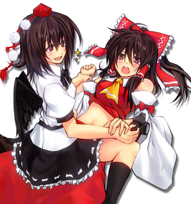 black_hair black_wings blush camera detached_sleeves girl_on_top hair_ribbon hakurei_reimu hat kneehighs long_hair midriff multiple_girls red_eyes ribbon shameimaru_aya short_hair sitting sitting_on_person skirt socks straddling tokin_hat touhou tsujigiri wings wrist_grab