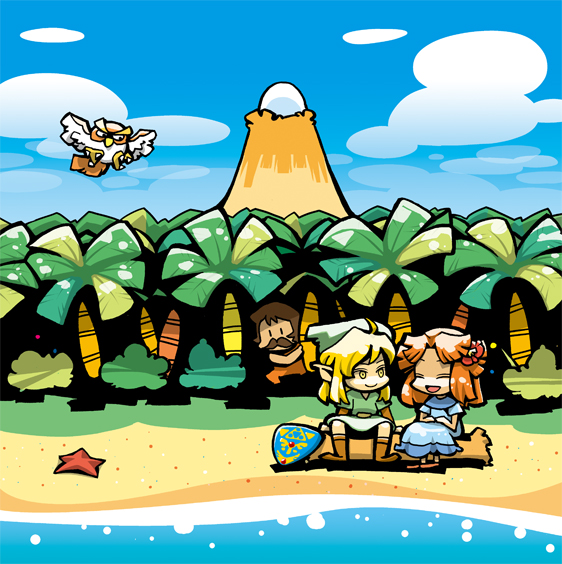 2girls :d ^_^ animal bad_id bad_pixiv_id beach bird blonde_hair blue_dress boots bush closed_eyes day dress egg facial_hair flower flying forest hair_flower hair_ornament hat hounori kaepora_gaebora link log marin_(the_legend_of_zelda) mountain multiple_girls mustache nature open_mouth orange_hair owl palm_tree pointy_ears shield sitting smile starfish tarin the_legend_of_zelda the_legend_of_zelda:_link's_awakening tree windfish's_egg yellow_eyes |_|