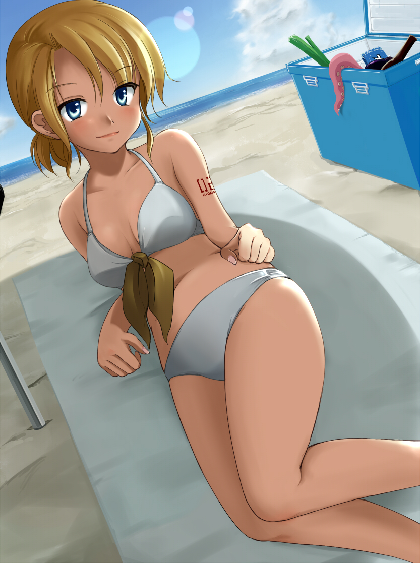 beach bikini blonde_hair blue_eyes cooler day kagamine_rin lying octopus on_side outdoors regdic shade short_hair solo spring_onion swimsuit tattoo vocaloid