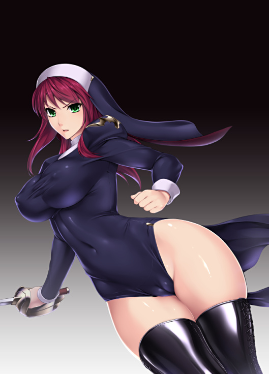 black_legwear boots breasts cameltoe covered_navel covered_nipples cowboy_shot cross-laced_footwear curvy gradient gradient_background green_eyes habit large_breasts leotard long_hair long_sleeves no_panties open_mouth original puffy_sleeves purple_hair rindou_(radical_dream) shiny shiny_skin side_slit skin_tight sleeve_cuffs solo sword taut_clothes thick_thighs thigh_boots thighhighs thighs toned weapon wide_hips