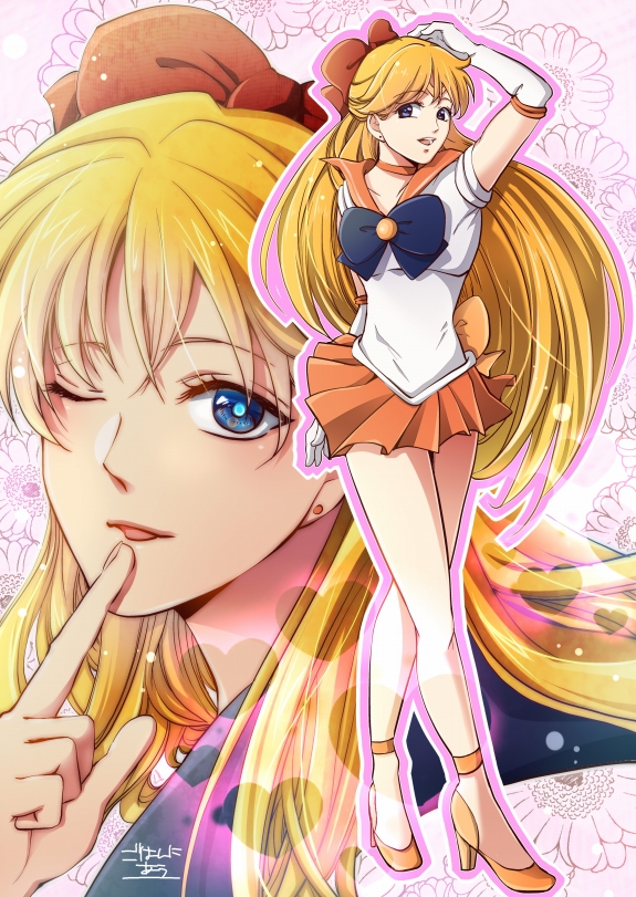 aino_minako anklet arm_up au_(222au) back_bow bishoujo_senshi_sailor_moon blonde_hair blue_bow blue_eyes bow brooch choker dual_persona earrings elbow_gloves finger_to_mouth floral_background full_body gloves hair_bow half_updo heart jewelry long_hair looking_at_viewer magical_girl multiple_views one_eye_closed orange_choker orange_sailor_collar orange_skirt pleated_skirt red_bow ribbon sailor_collar sailor_senshi_uniform sailor_venus shoes skirt smile standing strappy_heels white_gloves