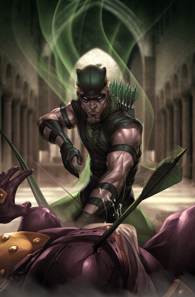 1boy arrow bow_(weapon) dc_comics domino_mask gloves green_arrow green_arrow_(series) hat helmet mask oliver_queen prometheus stanley_lau weapon