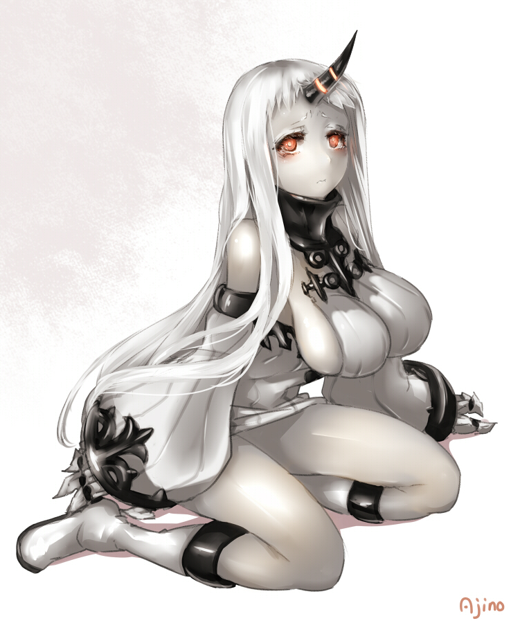 ajino_(sakanahen) bare_shoulders blush boots breasts claws detached_sleeves dress glowing glowing_eyes horn kantai_collection large_breasts long_hair pale_skin red_eyes ribbed_dress seaport_hime shinkaisei-kan short_dress sideboob sitting solo thighs very_long_hair white_hair