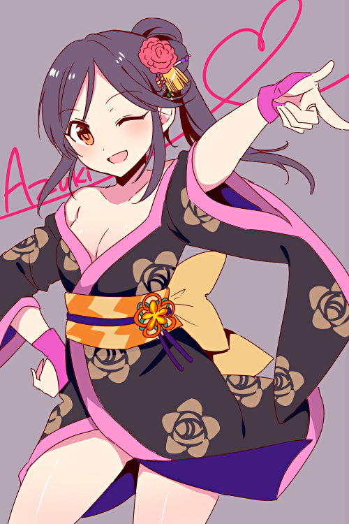 ;d breasts character_name contrast cowboy_shot gloves grey_background hair_ornament hand_on_hip idolmaster idolmaster_cinderella_girls japanese_clothes kimono medium_breasts momoi_azuki no_bra off_shoulder one_eye_closed open_mouth pose short_kimono smile solo wemu_(ivycrown) wind