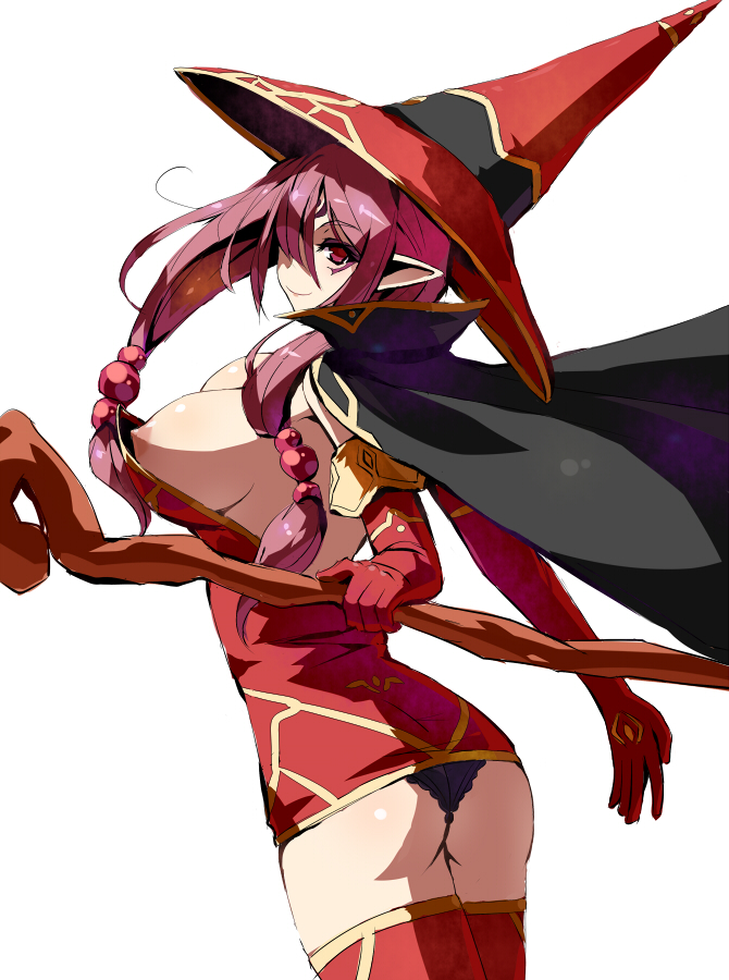 ass black_panties braid breasts cape elbow_gloves gloves hat lace lace-trimmed_panties large_breasts long_hair namuya nipples original panties pointy_ears purple_hair red_eyes smile solo staff thighhighs twin_braids underwear witch witch_hat