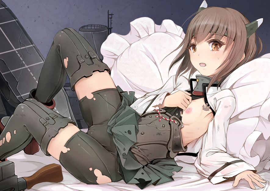 bike_shorts breasts brown_eyes brown_hair cameltoe headband headgear kantai_collection nipples open_mouth sai-go short_hair small_breasts solo taihou_(kantai_collection) thighhighs torn_clothes under_covers