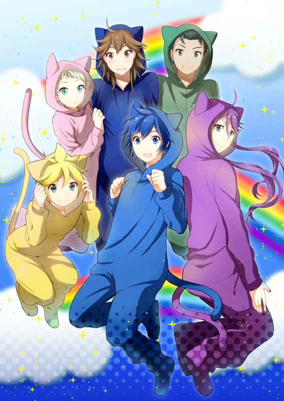 animal_costume animal_ears blonde_hair blue_eyes blue_hair brown_eyes brown_hair cat_costume cat_ears cloud full_body green_eyes kagamine_len kaito kamui_gakupo kikuchi_mataha kyo_(vocaloid) male_focus multiple_boys purple_hair rainbow smile tail vocaloid wil_(vocaloid) yuu_(vocaloid) zola_project