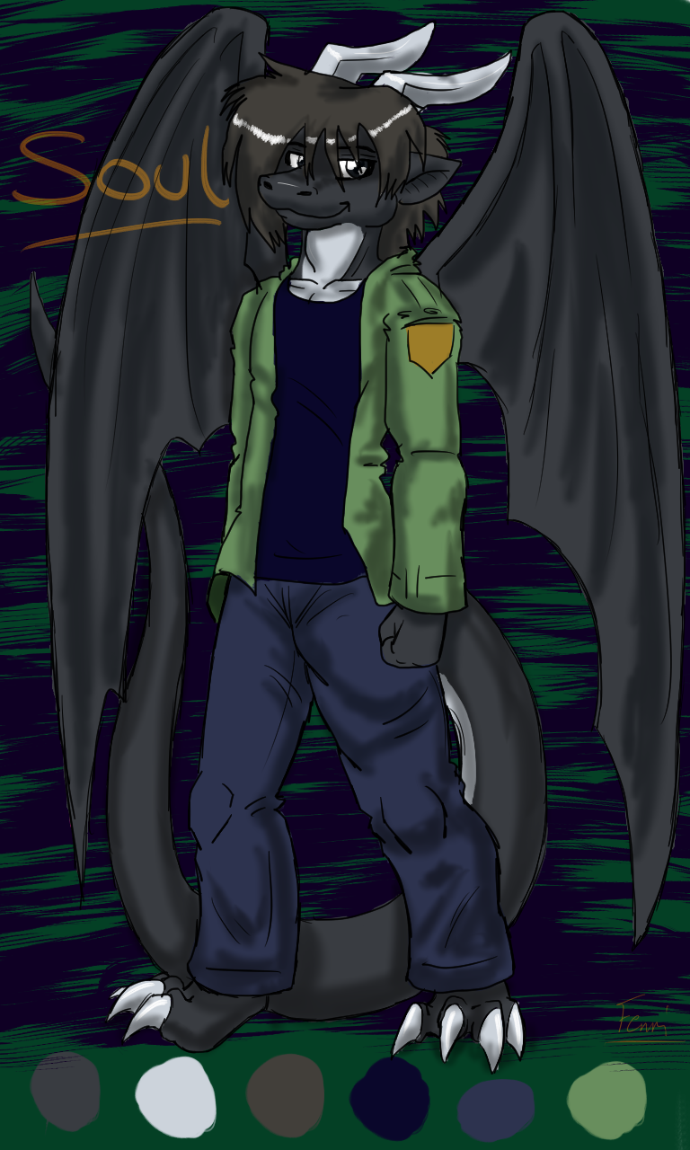 abstract_background anthro claws clothed clothing digital_art dragon frozen_over hair horn jacket male scalie smile solo soul standing toe_claws toes wings