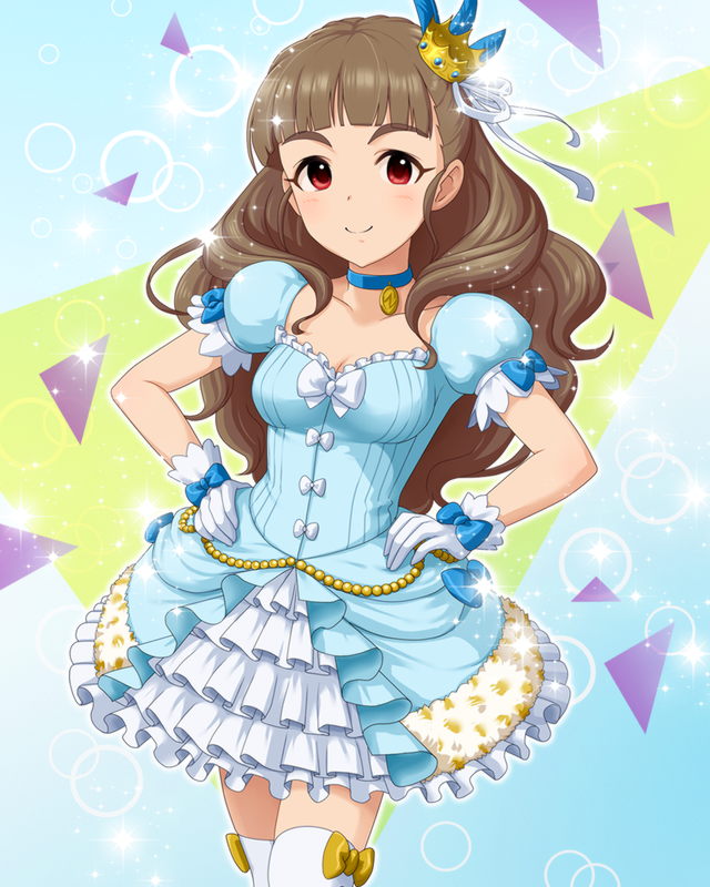 beads blue_bow blue_dress blush boots bow breasts brown_hair choker cleavage collarbone crown dress feathers frilled_dress frills gloves hair_feathers hair_ribbon hands_on_hips idolmaster idolmaster_cinderella_girls kamiya_nao layered_dress long_hair looking_at_viewer medium_breasts official_art puffy_short_sleeves puffy_sleeves red_eyes ribbon short_sleeves smile solo sparkle triangle white_bow white_footwear white_gloves white_ribbon yellow_bow