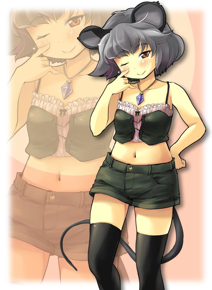 alternate_costume animal_ears bad_id bad_pixiv_id bare_arms black_legwear blush brown_eyes collarbone crop_top gem grey_hair jewelry looking_at_viewer midriff mouse_ears mouse_tail navel nazrin necklace nise_nanatsura one_eye_closed pendant shirt shorts sleeveless sleeveless_shirt smile solo tail thighhighs touhou zoom_layer