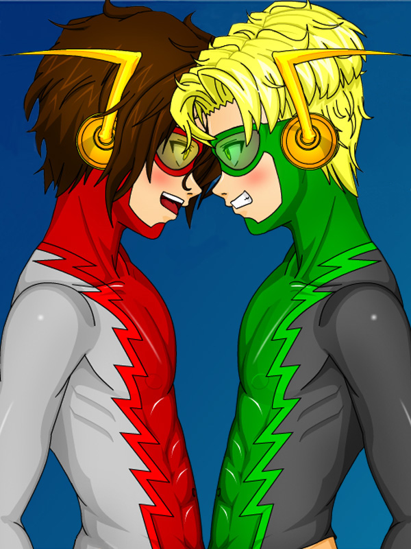 2boys abs bart_allen blonde_hair blue_background brown_hair clone dc_comics eye_contact flash_(series) goggles hands_on_hips impulse inertia looking_at_another male male_focus mask multiple_boys open_mouth profile simple_background smile yellow_eyes