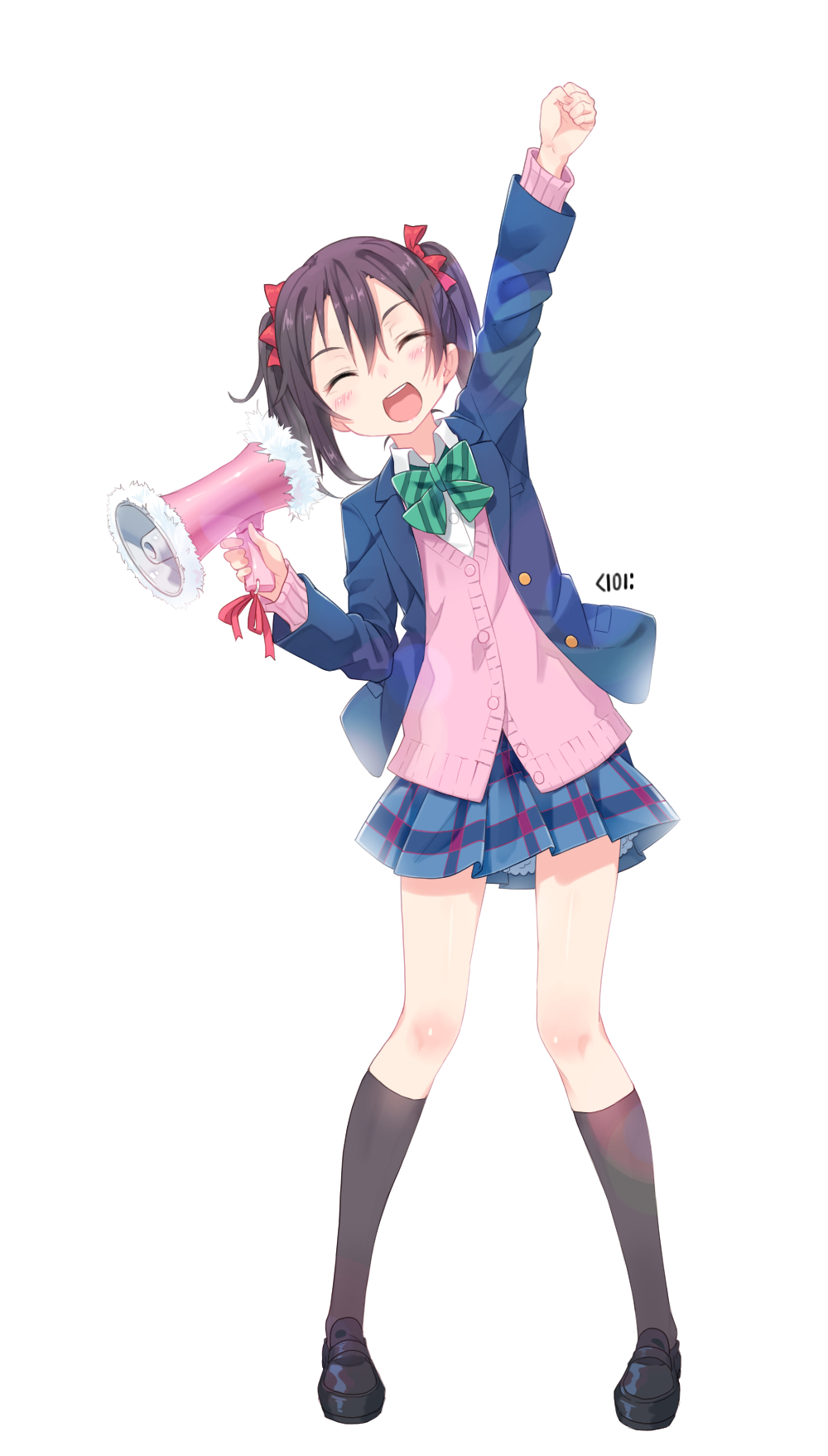 :d ^_^ arms_up black_hair black_legwear blazer blush bow cardigan clenched_hand closed_eyes full_body hair_bow highres jacket kneehighs loafers love_live! love_live!_school_idol_project megaphone open_blazer open_clothes open_jacket open_mouth otonokizaka_school_uniform raised_fist school_uniform shoes simple_background skirt smile socks solo twintails white_background yazawa_nico yunamul