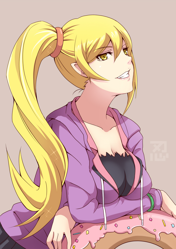 blonde_hair doughnut food grin long_hair monogatari_(series) oshino_shinobu pointy_ears ponytail seven_(11) smile solo yellow_eyes