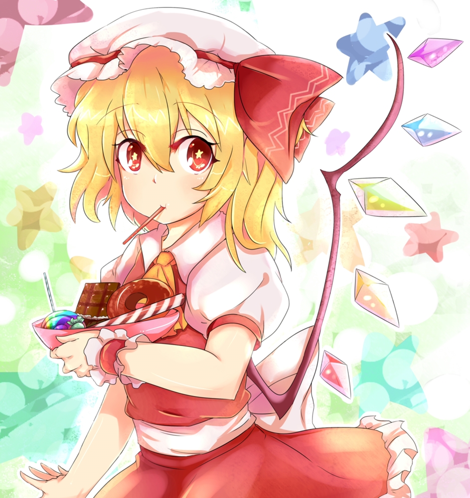 ascot blonde_hair bowl bright_pupils candy chocolate_bar crystal doughnut dress flandre_scarlet food hair_ribbon hat looking_at_viewer low_wings mouth_hold nobu_baka outstretched_arm pocky puffy_short_sleeves puffy_sleeves red_dress red_eyes ribbon short_hair short_sleeves side_ponytail skirt solo star star-shaped_pupils starry_background sweets symbol-shaped_pupils touhou wings