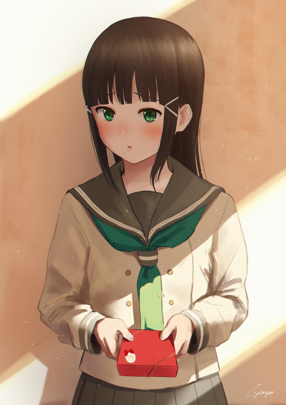 1girl bangs black_hair blunt_bangs blush box double-breasted gift gift_box green_eyes green_neckwear grey_sailor_collar grey_skirt hair_ornament hairclip highres holding holding_gift incoming_gift kurosawa_dia long_hair long_sleeves looking_at_viewer love_live! love_live!_sunshine!! mole mole_under_mouth neckerchief papi_(papiron100) parted_lips pleated_skirt sailor_collar school_uniform serafuku shade sidelocks skirt solo tie_clip upper_body uranohoshi_school_uniform valentine