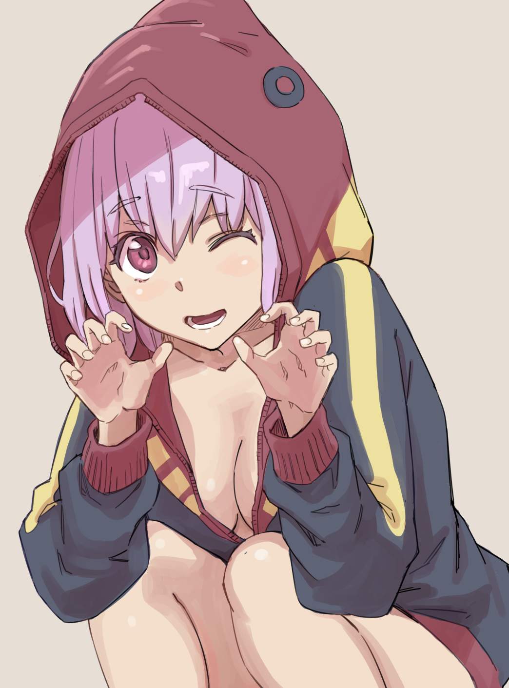 1girl ;d alternate_costume breasts claw_pose cleavage highres hood hooded_jacket jacket large_breasts lavender_background lavender_hair looking_at_viewer metron_seijin one_eye_closed open_mouth purple_eyes shinjou_akane short_hair simple_background smile solo squatting ssss.gridman ultra_series ultraman_(1st_series) yamanori_(yamanori56)