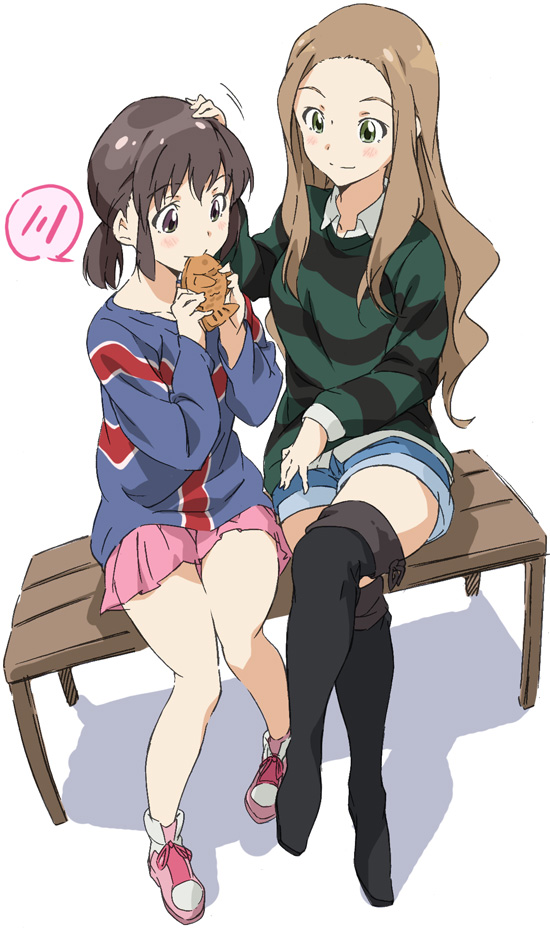 bare_legs bench black_footwear blush boots brown_eyes brown_hair crossed_legs denim denim_shorts eating food green_eyes hand_on_another's_head holding holding_food katayama_minami kikuma_kaya knees_together_feet_apart light_brown_hair long_hair long_sleeves looking_at_another multiple_girls petting pink_skirt pleated_skirt short_hair short_twintails shorts simple_background sitting_on_bench skirt smile speech_bubble spoken_blush striped striped_sweater sweater taiyaki thigh_boots thighhighs twintails umanosuke wagashi wake_up_girls! white_background