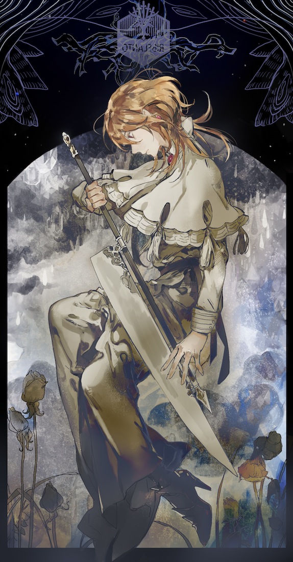 art_nouveau bad_id bad_pixiv_id blade brown_hair commentary_request earrings jewelry long_hair looking_down noir_(ibaraki) pixiv_fantasia pixiv_fantasia_fallen_kings shawl