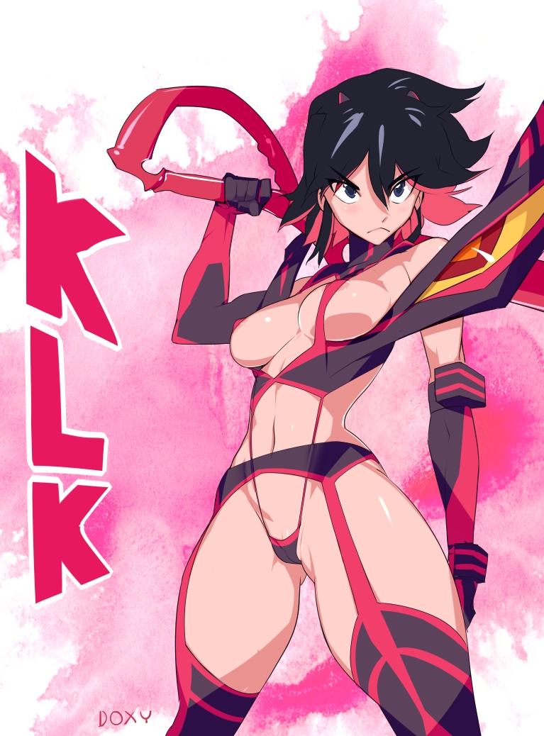 :&lt; adapted_costume areola_slip areolae black_hair boots breasts doxy elbow_gloves frown garter_belt gloves hairpods kill_la_kill large_breasts matoi_ryuuko multicolored_hair over_shoulder red_hair revealing_clothes scissor_blade senketsu short_hair sideboob slingshot_swimsuit suspenders swimsuit sword sword_over_shoulder thigh_boots thighhighs two-tone_hair weapon weapon_over_shoulder