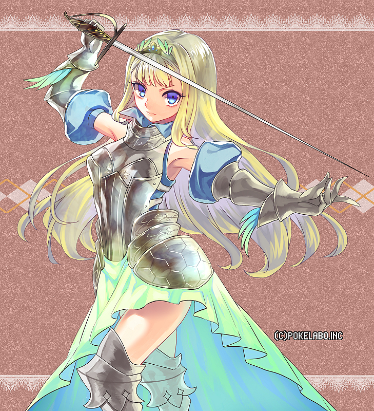 armor armored_dress blonde_hair blue_eyes fighting_stance frown fuji_minako gauntlets holding holding_weapon long_hair rapier solo sword unmei_no_clan_battle weapon