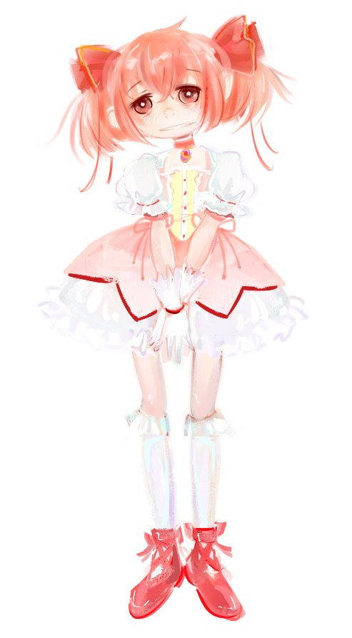 bad_id bad_pixiv_id bow choker dress gloves hair_bow hair_ribbon kaname_madoka magical_girl mahou_shoujo_madoka_magica pink_eyes pink_hair ribbon shoes short_twintails socks solo soul_gem twintails womu
