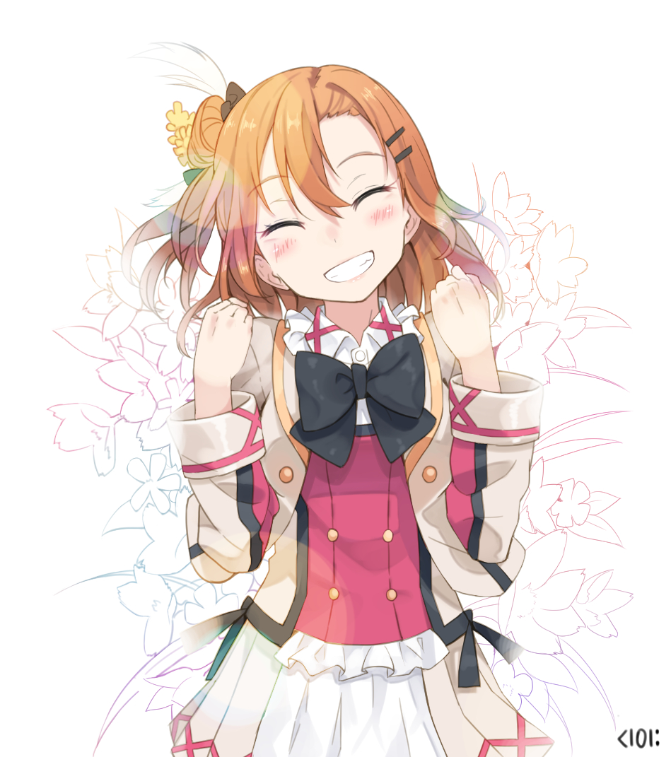 ^_^ bow clenched_hands clenched_teeth closed_eyes flower hair_flower hair_ornament hairclip kousaka_honoka love_live! love_live!_school_idol_project one_side_up orange_hair short_hair solo sore_wa_bokutachi_no_kiseki teeth white_background yunamul