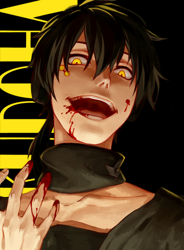 alternate_color black_hair blood blood_on_face blood_on_fingers character_name choker crazy_smile dark_konoha dark_persona facial_mark kagerou_project konoha_(kagerou_project) looking_at_viewer lowrain male_focus open_mouth ponytail slit_pupils smile solo spoilers yellow_eyes