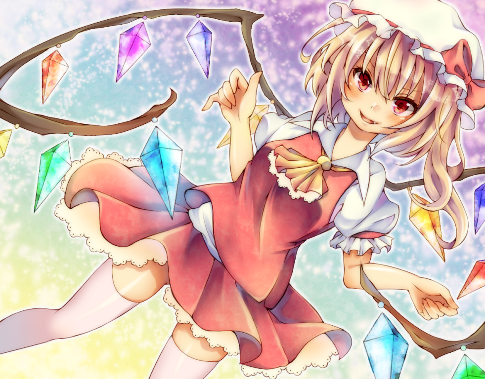 ascot blonde_hair blouse blush_stickers bow crystal dress fang flandre_scarlet hair_between_eyes hair_bow hat looking_at_viewer miniskirt multicolored multicolored_background puffy_short_sleeves puffy_sleeves red_blouse red_eyes red_skirt short_hair short_sleeves side_ponytail skirt skirt_set smile solo thighhighs touhou wings yuunagi_konoha