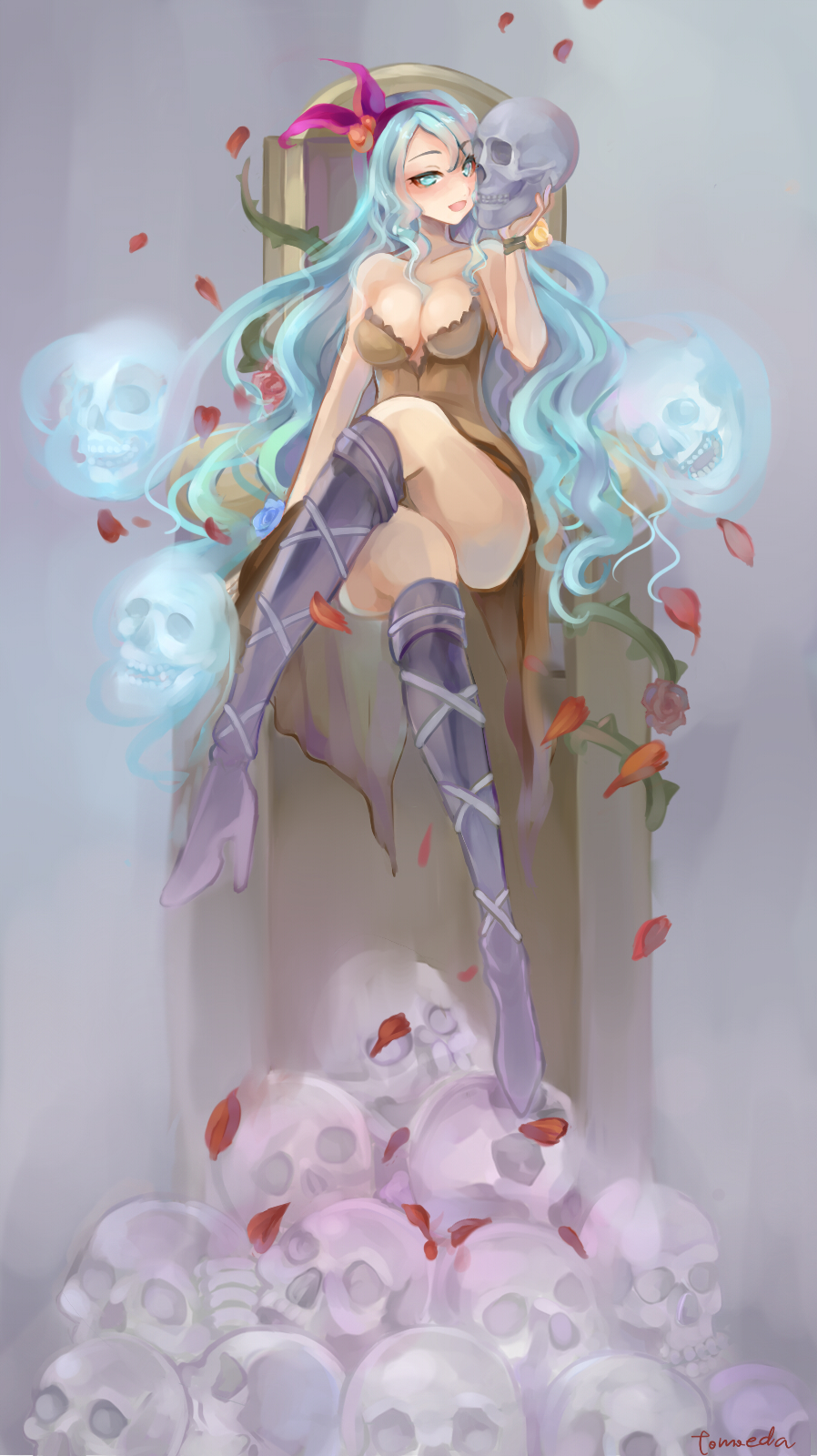 blue_eyes blue_hair boots bracelet breasts brown_skirt cleavage crossed_legs dress flower grey_background hairband highres jewelry knee_boots large_breasts long_hair monster_girl plant red_flower red_rose rocbouquet_(saga) romancing_saga_2 rose saga signature sitting skirt skull smile solo strapless strapless_dress tomoeda_(ultimate_fools) vines