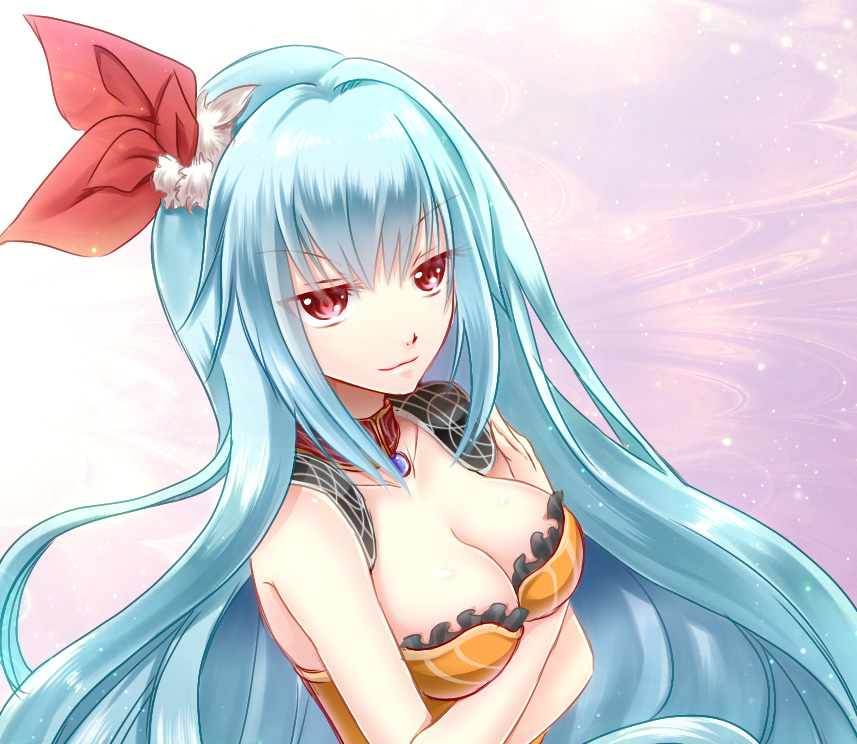 blue_hair breasts choker cleavage collarbone crossed_arms gradient gradient_background hair_ornament long_hair medium_breasts pink_background red_eyes rocbouquet_(saga) romancing_saga_2 saga smile solo white_background yuuri_mitsuki