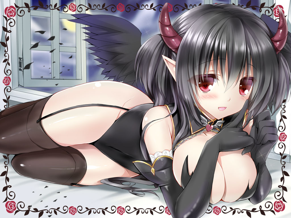 bad_id bad_pixiv_id black_gloves black_hair black_legwear black_wings blush breasts cleavage demon_girl demon_horns elbow_gloves fangs garter_straps gloves horns large_breasts long_hair open_mouth original pointy_ears shira_ichigo_(ichigohou) smile solo succubus thighhighs two_side_up window wings